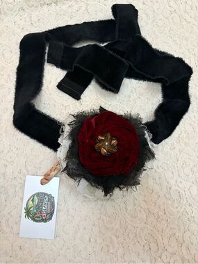Black Velvet Jabot Necklace Choker with Deep Red Velvet Rose